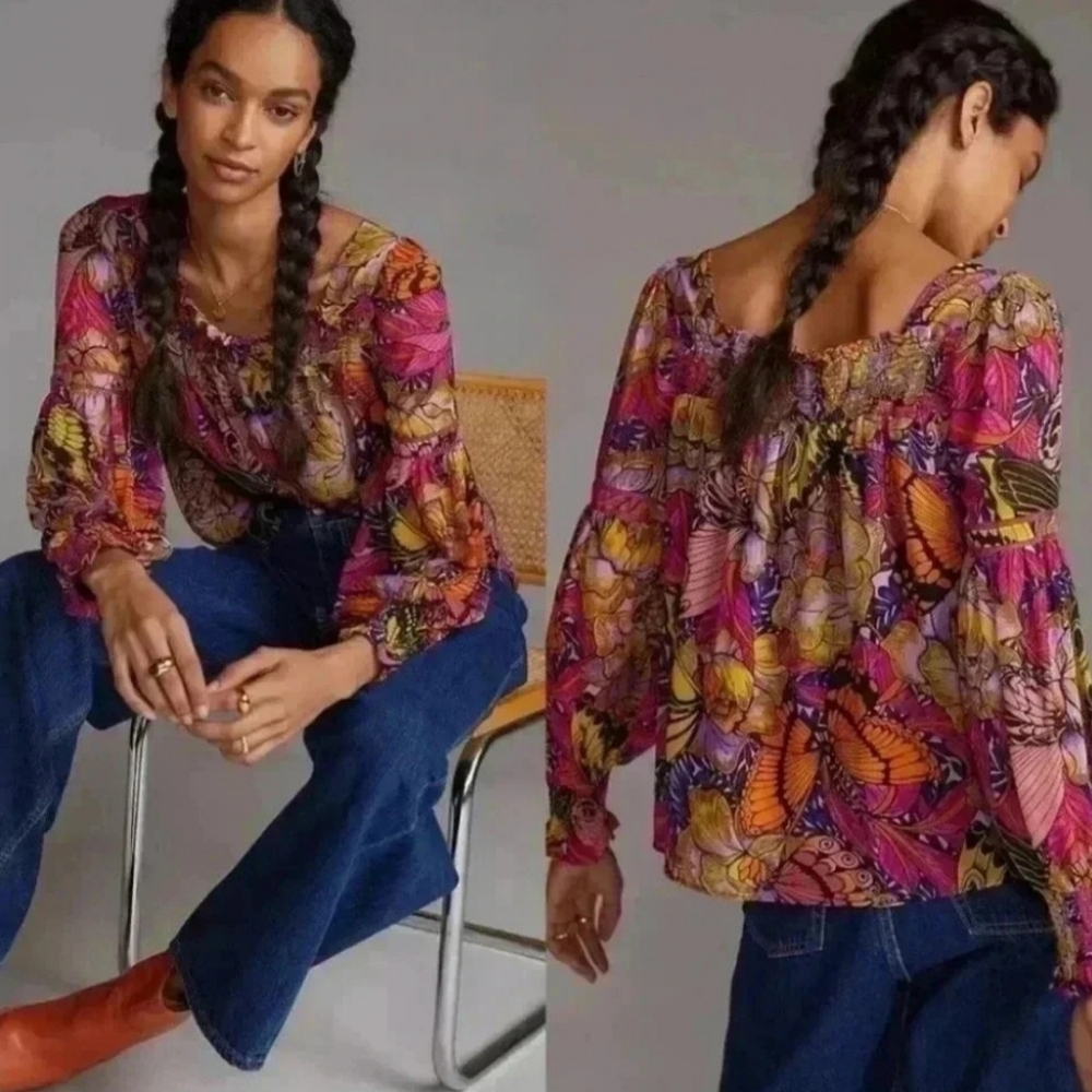 Anthropologie Alexander Farmer Flouncy Boho Colorful Blouse Butterfly SIZE S